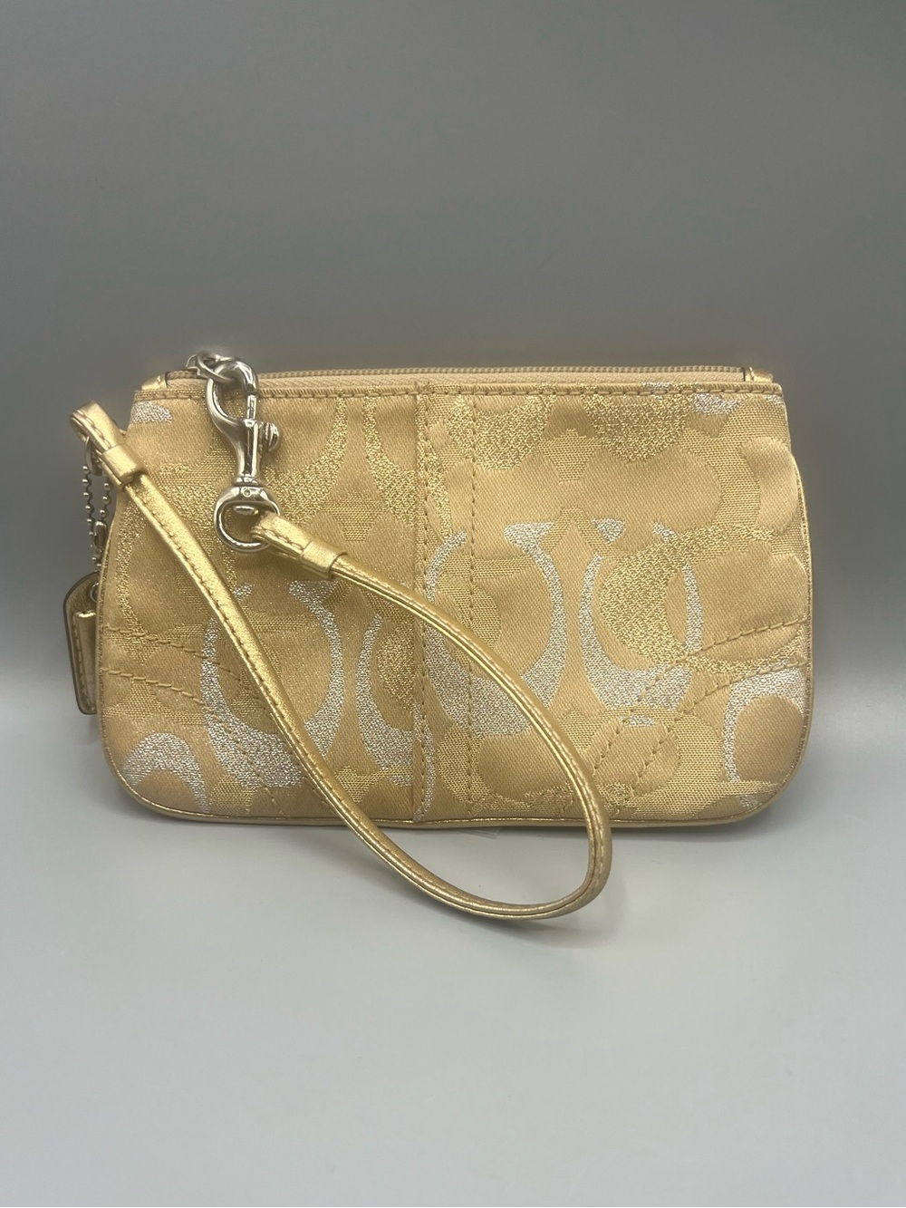 Coach Signature Jacquard Gold Silver Metallic Zip Wristlet Clutch Wallet Purse